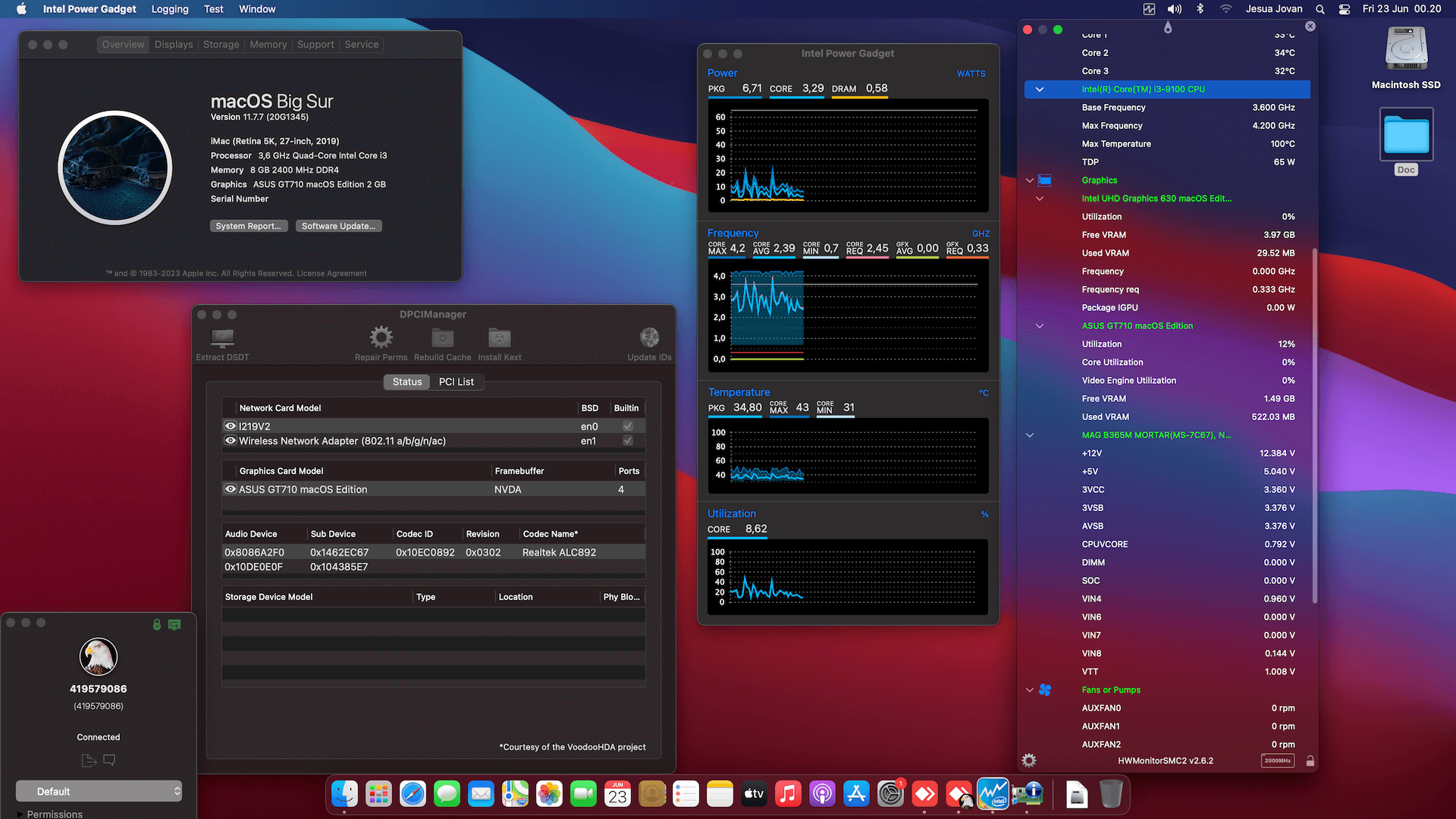 Success Hackintosh macOS Big Sur 11.7.7 Build 20G1345 in MSI MAG B365M Mortar + Intel Core i3 9100 + Asus GT 710